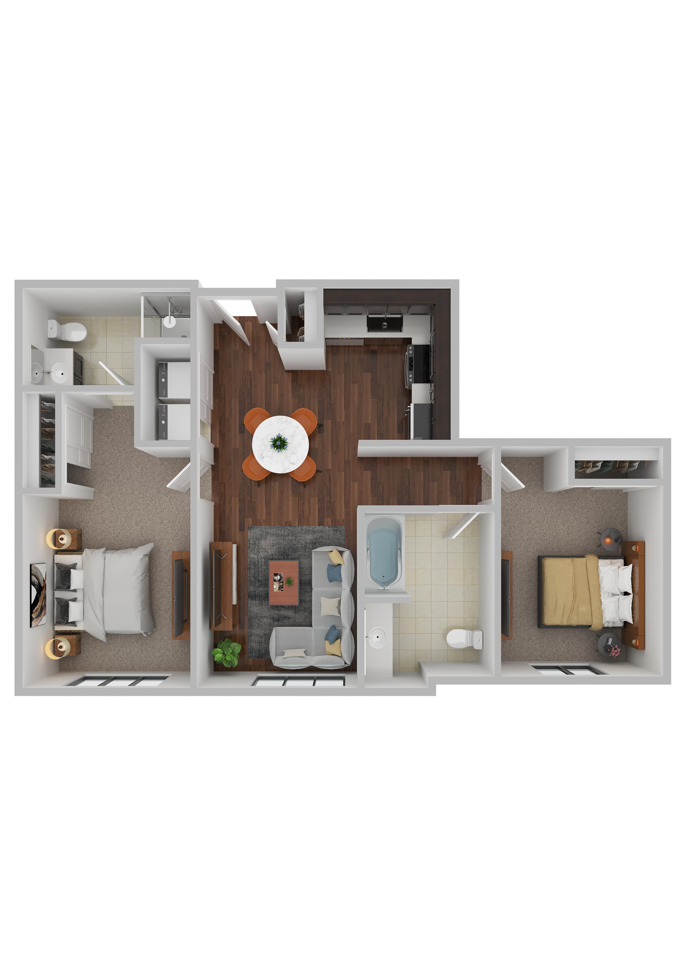 Floor plan for 2 beds, 2 baths, 822 sqft